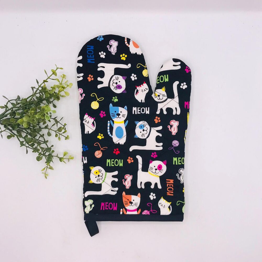 Oven Mitt: Colorful Cats Meow on Black Baking Mitt Gift Cottage